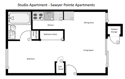 Floor plan for studio, 1 bath, 549 sqft